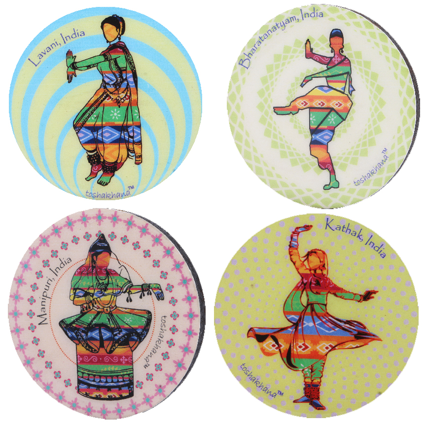 Indian Dance Series Set of 4 MDF Fridge Magnet Cum Coaster